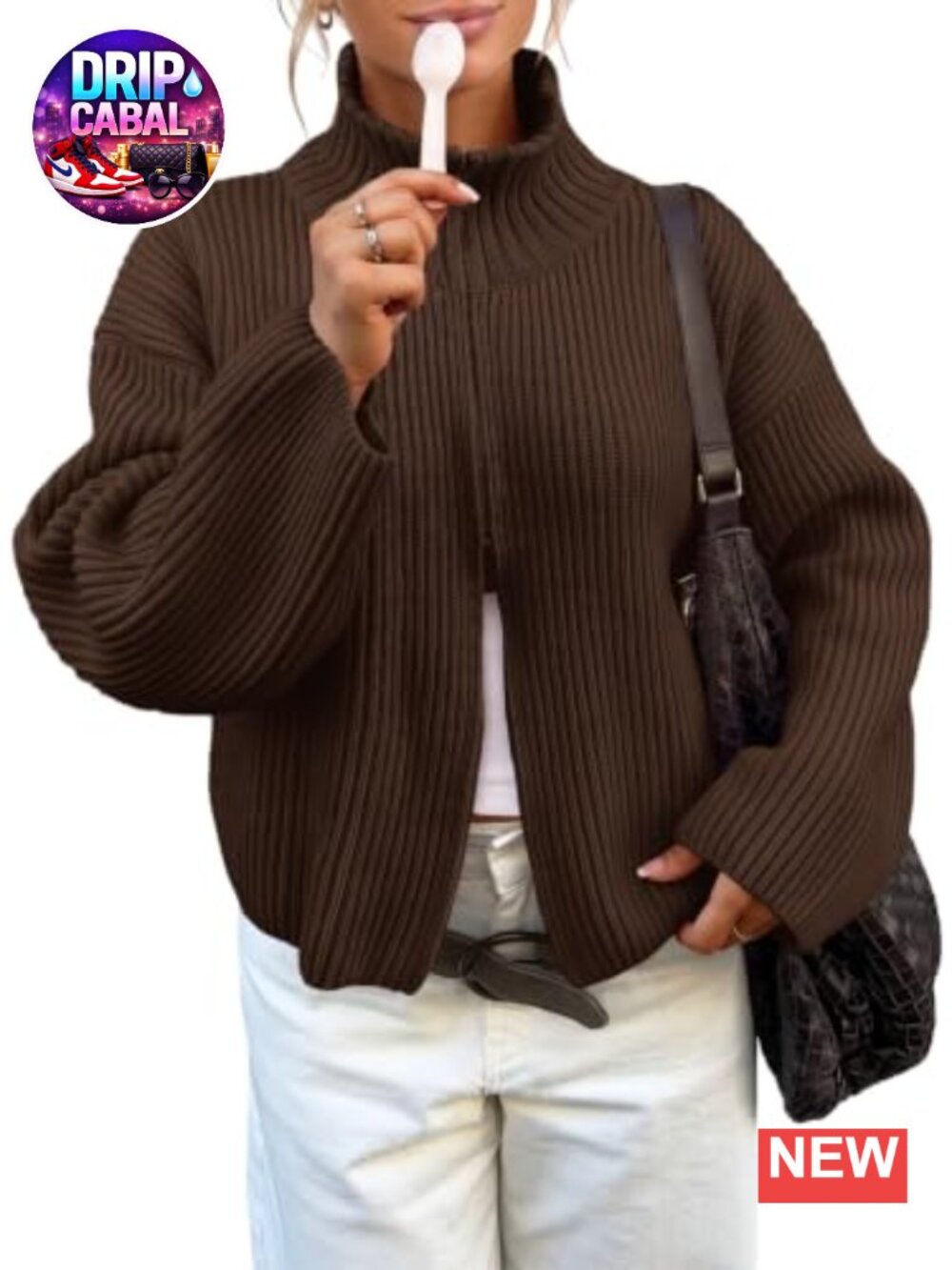 Chunky Ribbed Knit Zip Up Cardigan Women Mock Neck Long Sleeve Fall Winter